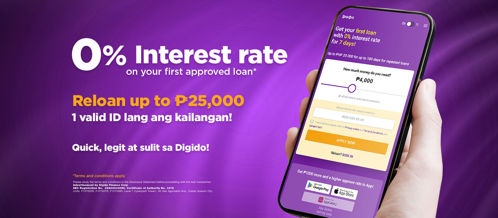 Cash loan Digido with 0% interest