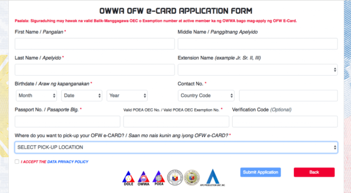 OWWA OFW e-card online application form